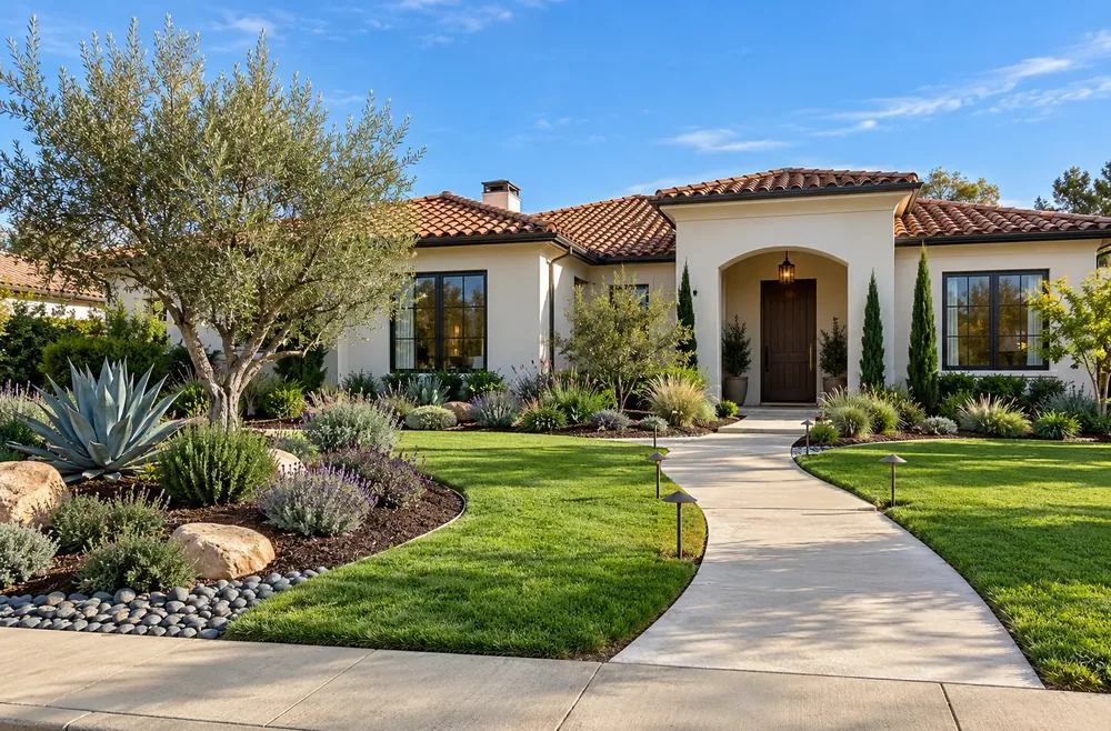 Freshly landscaped front yard with an olive tree, agave, lavender, river rock and a curving walkway to a stucco home