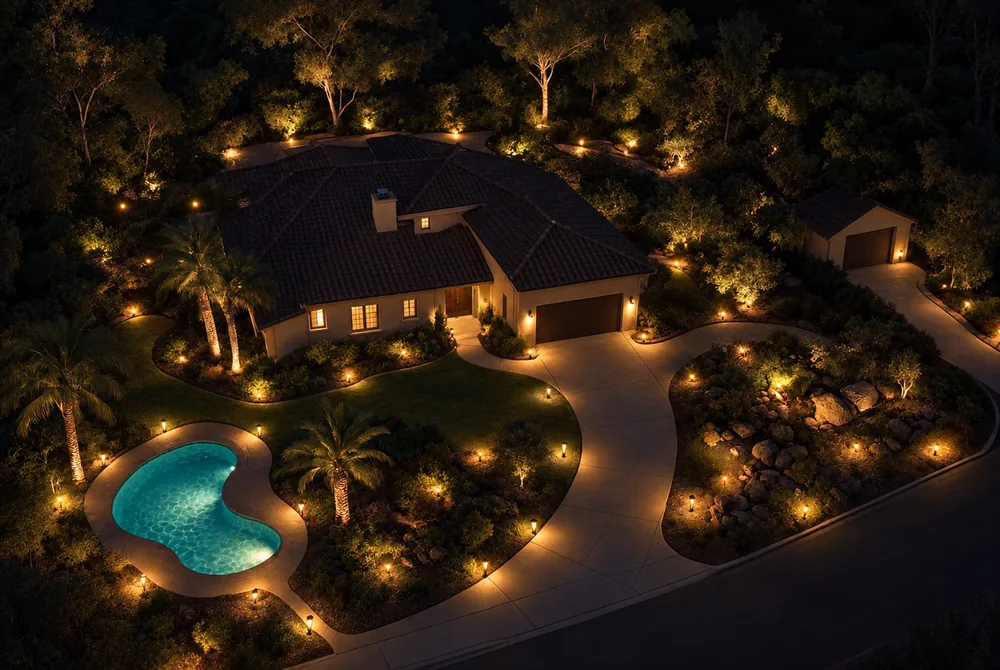 Aerial view of a home at night with warm landscape lighting along the paths, palms and planting beds