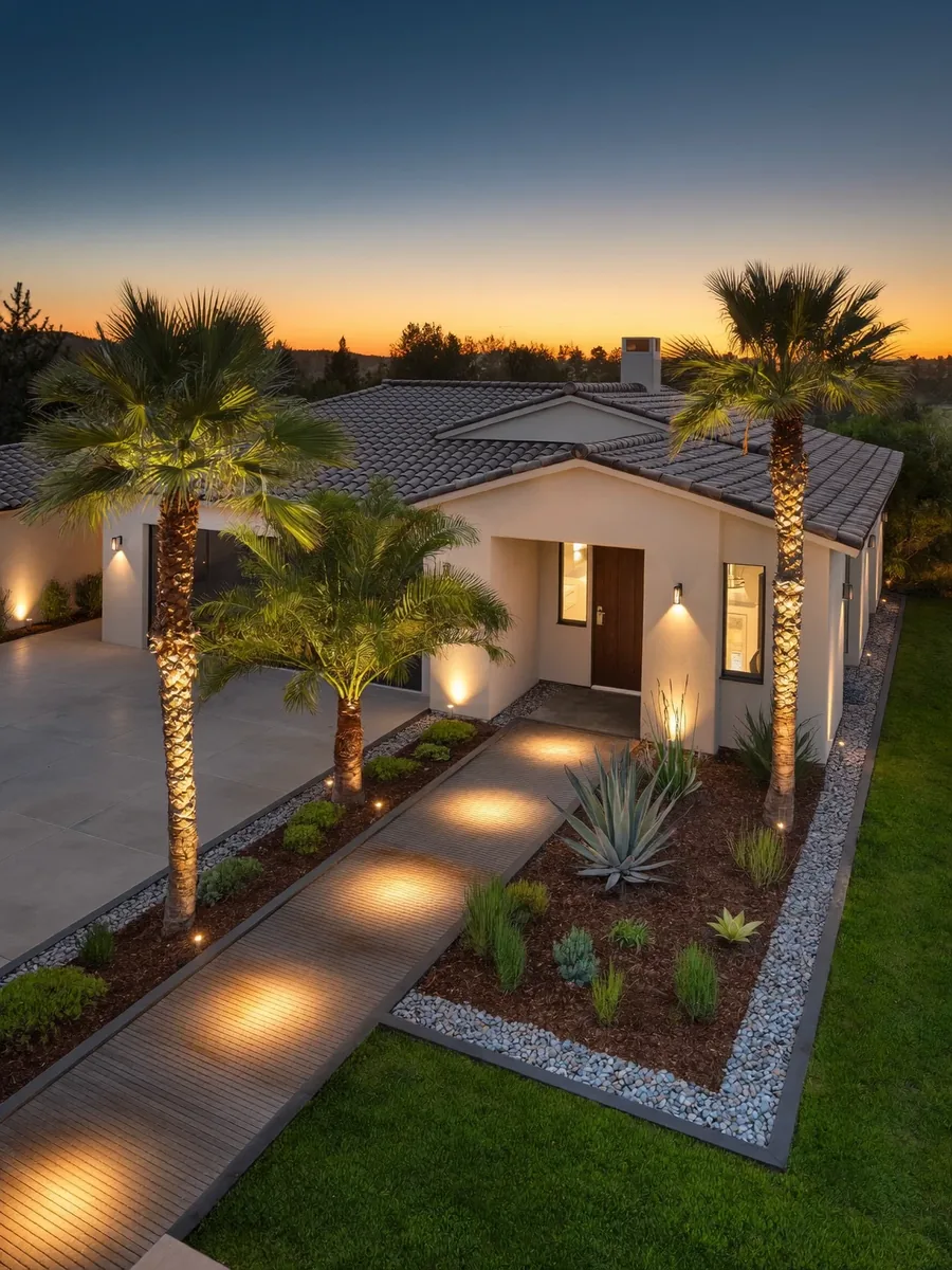 Low drone view of a stucco home at dusk with uplit palm trees, a lit front walkway and fresh planting beds