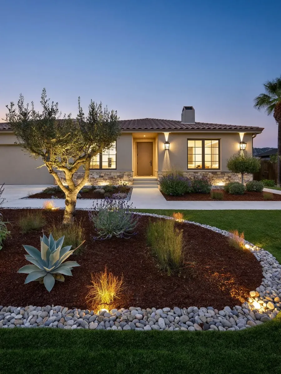 Front yard at dusk with new planting beds, river-rock border and warm landscape lighting