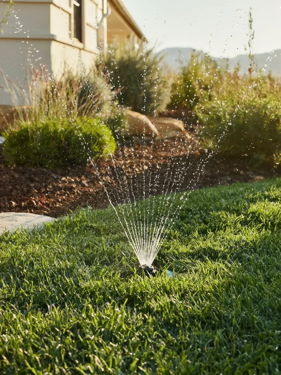 Pop-up sprinkler spraying a fan of water over a green lawn beside a mulched planting bed in warm evening light