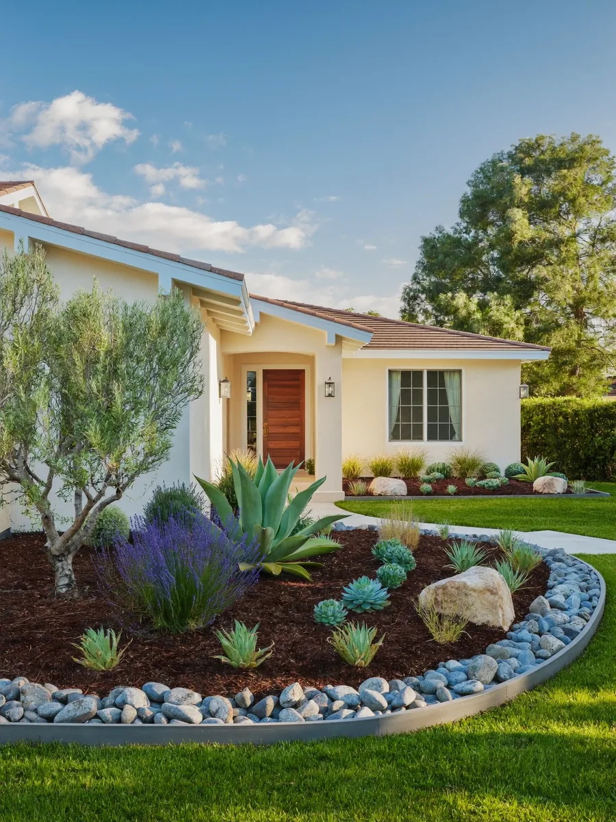 Freshly landscaped front yard with mulch beds, lavender, agave, succulents, an olive tree and a river-rock border in front of a stucco home